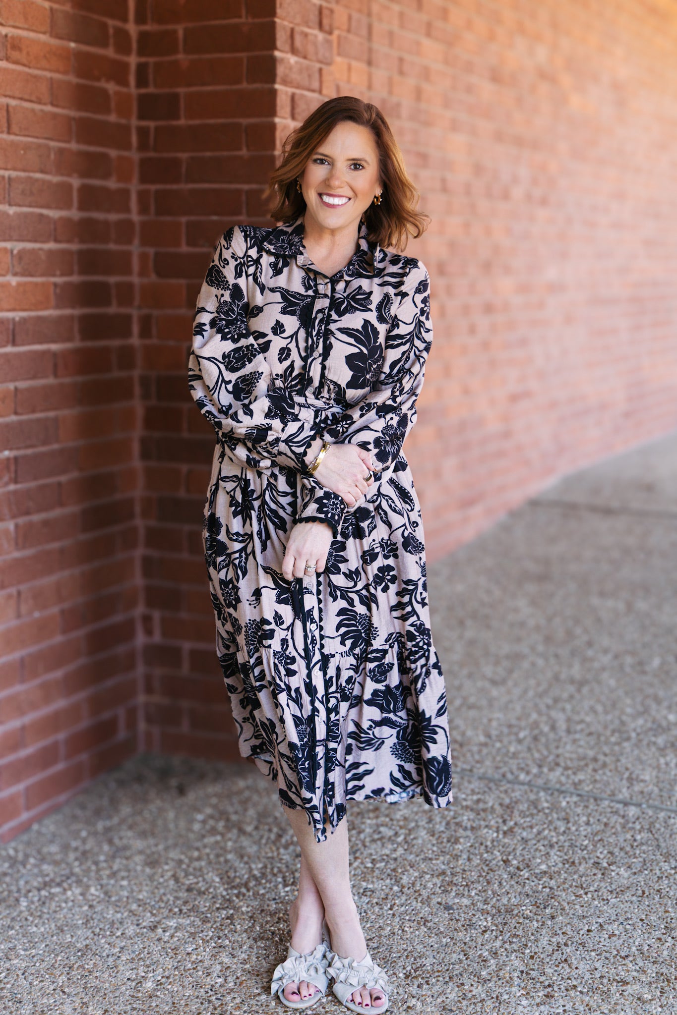 Fall Neutral Floral Button Down Midi Dress