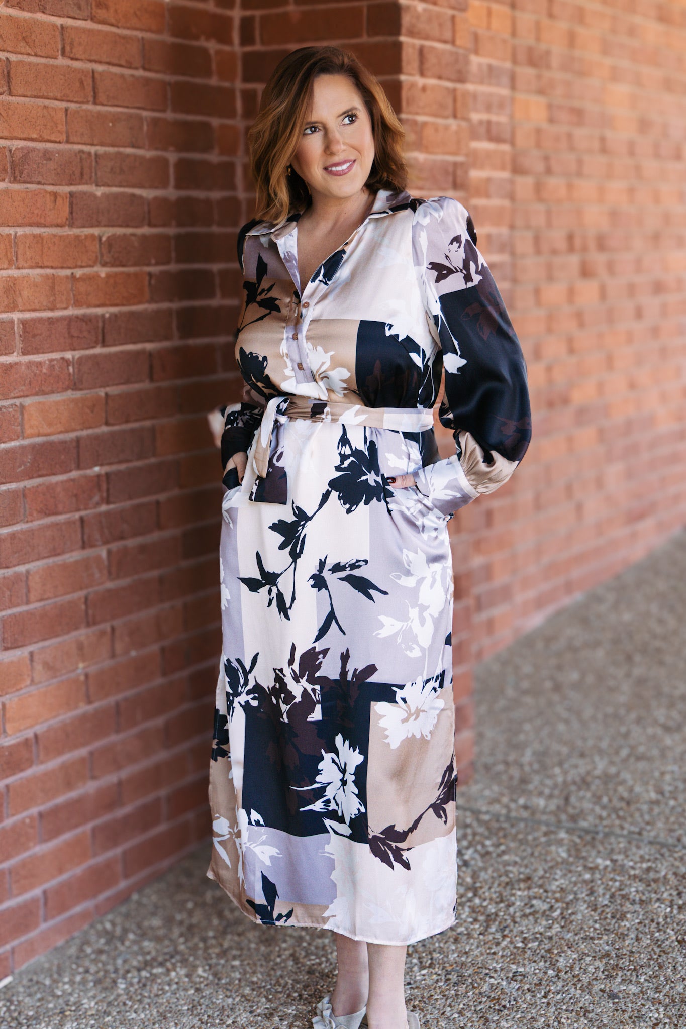 Shadow Bloom Split V-Neck Collar Maxi Dress