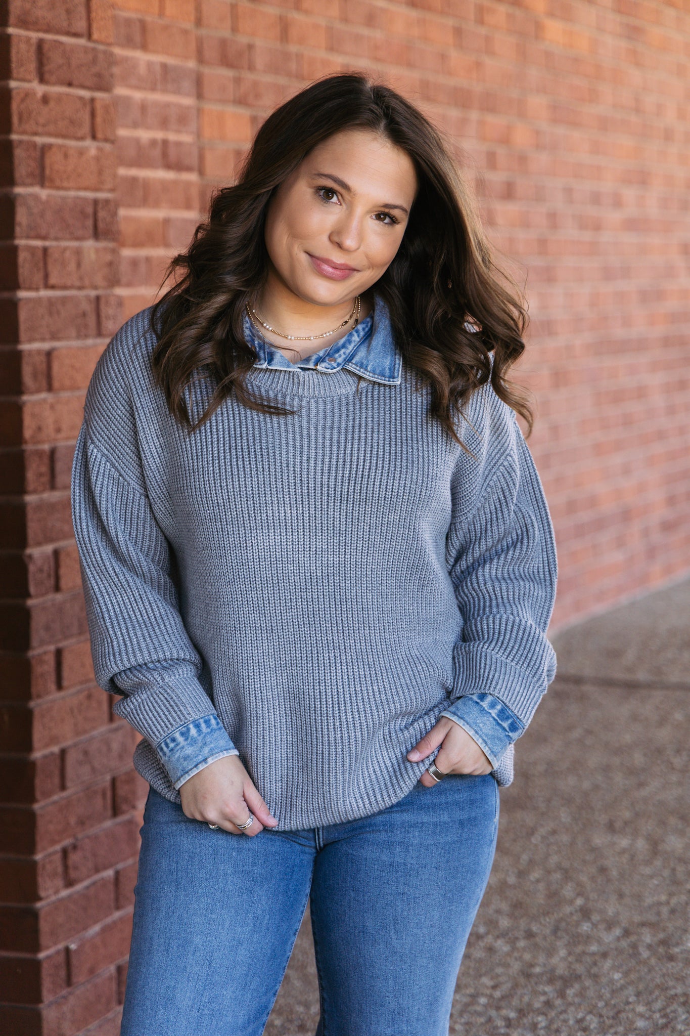 Washed Heather Grey Sweater W/ Denim Collar Cuff