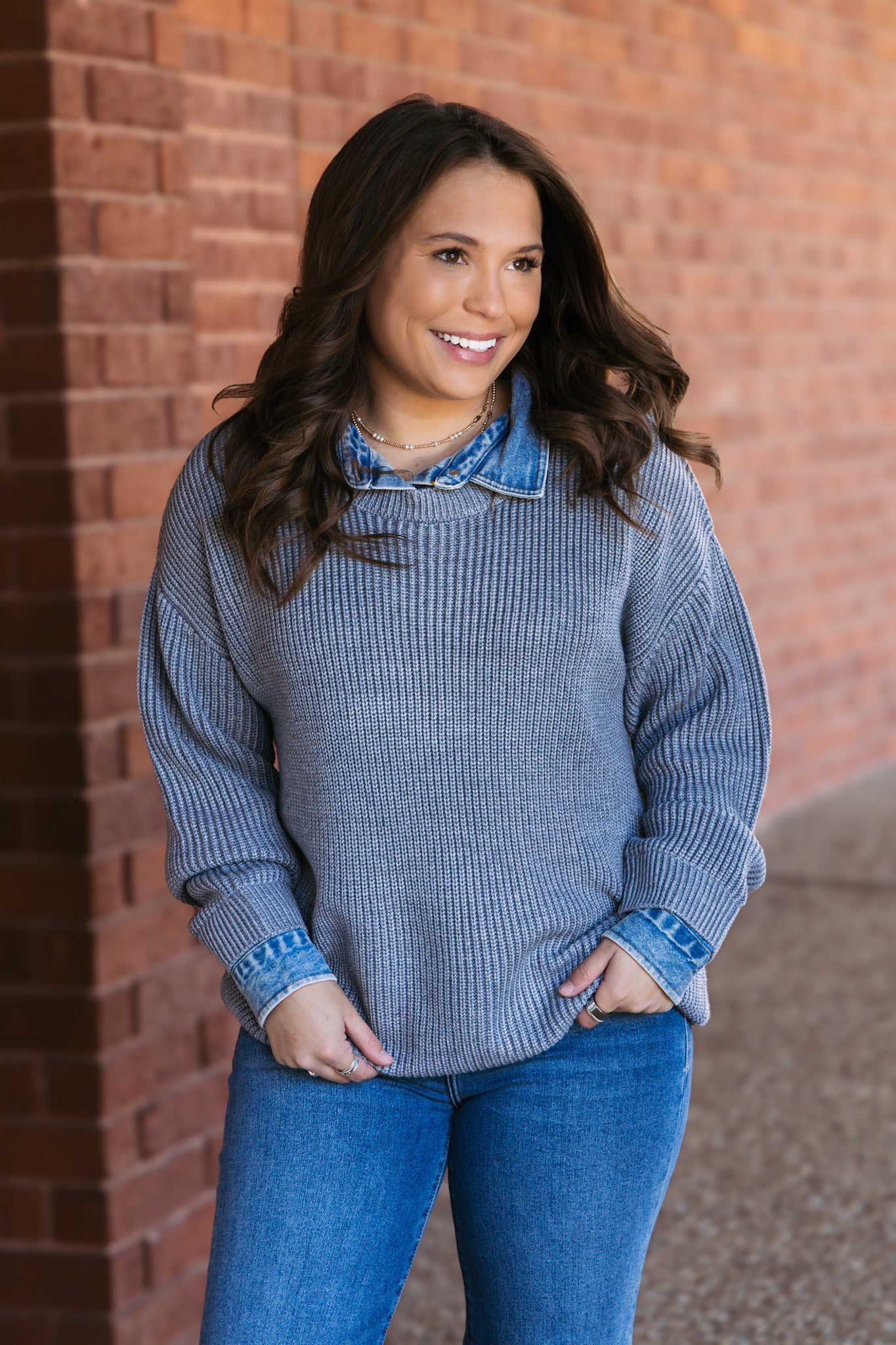 Washed Heather Grey Sweater W/ Denim Collar Cuff