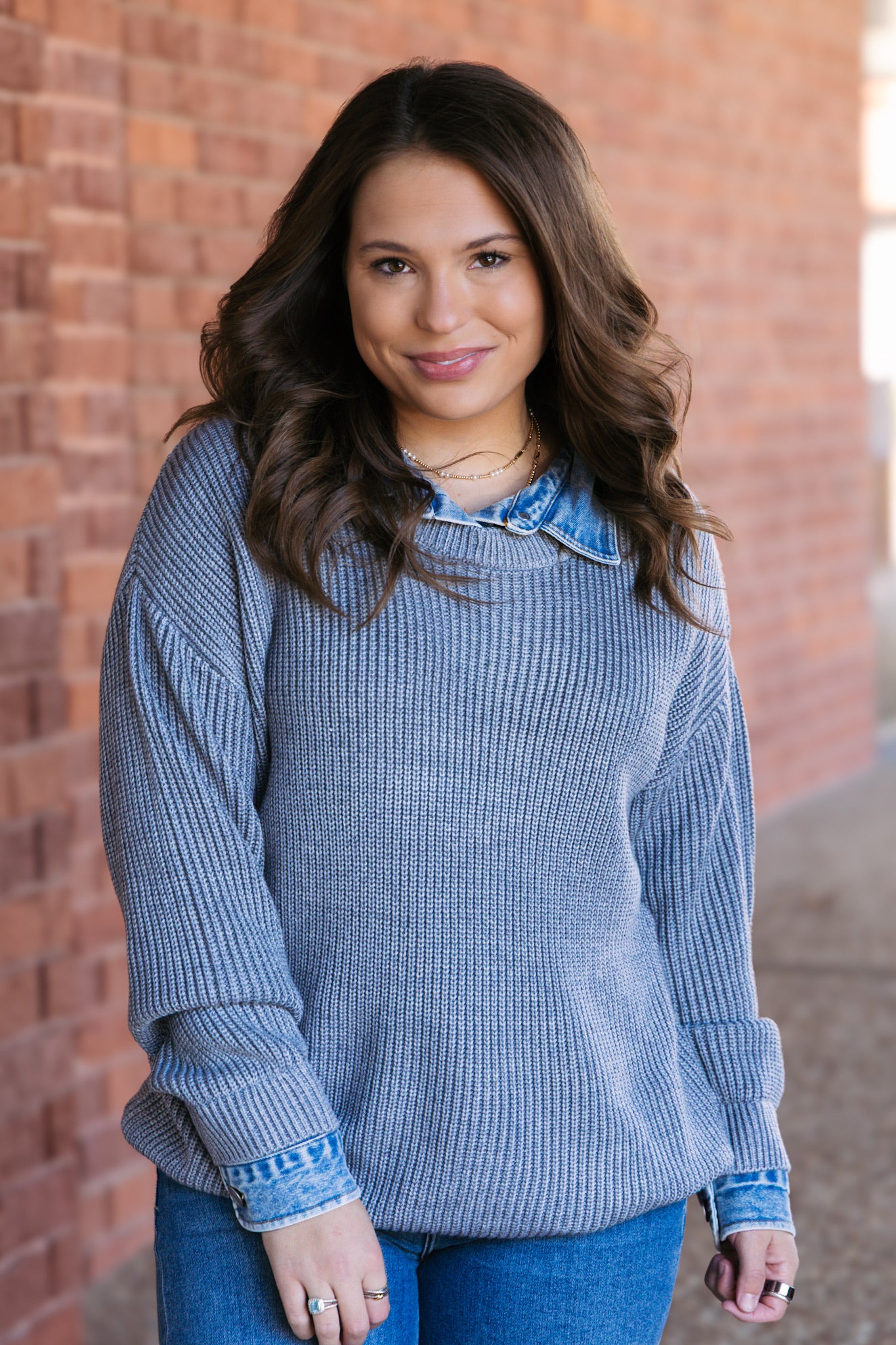 Washed Heather Grey Sweater W/ Denim Collar Cuff