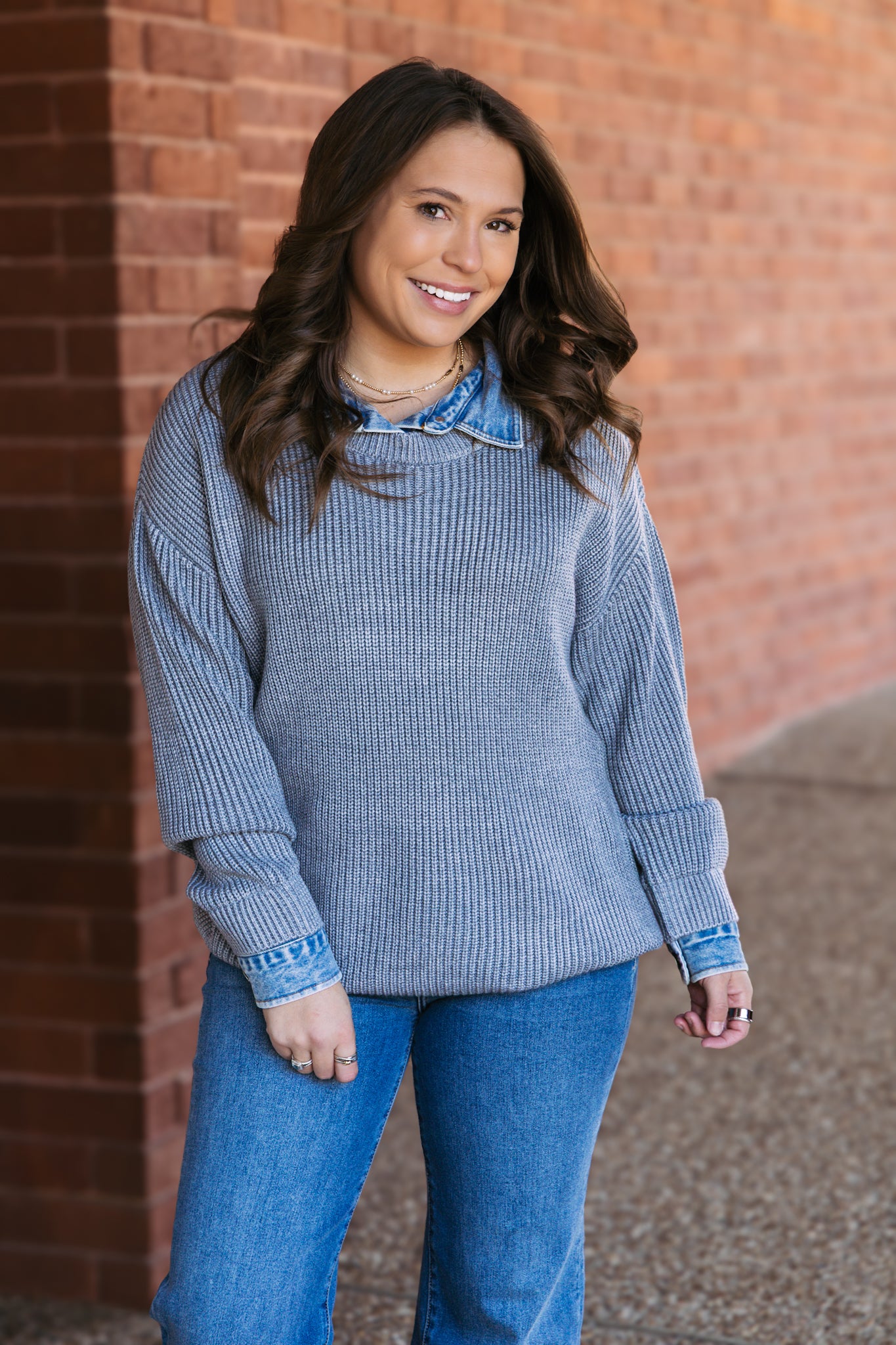 Washed Heather Grey Sweater W/ Denim Collar Cuff