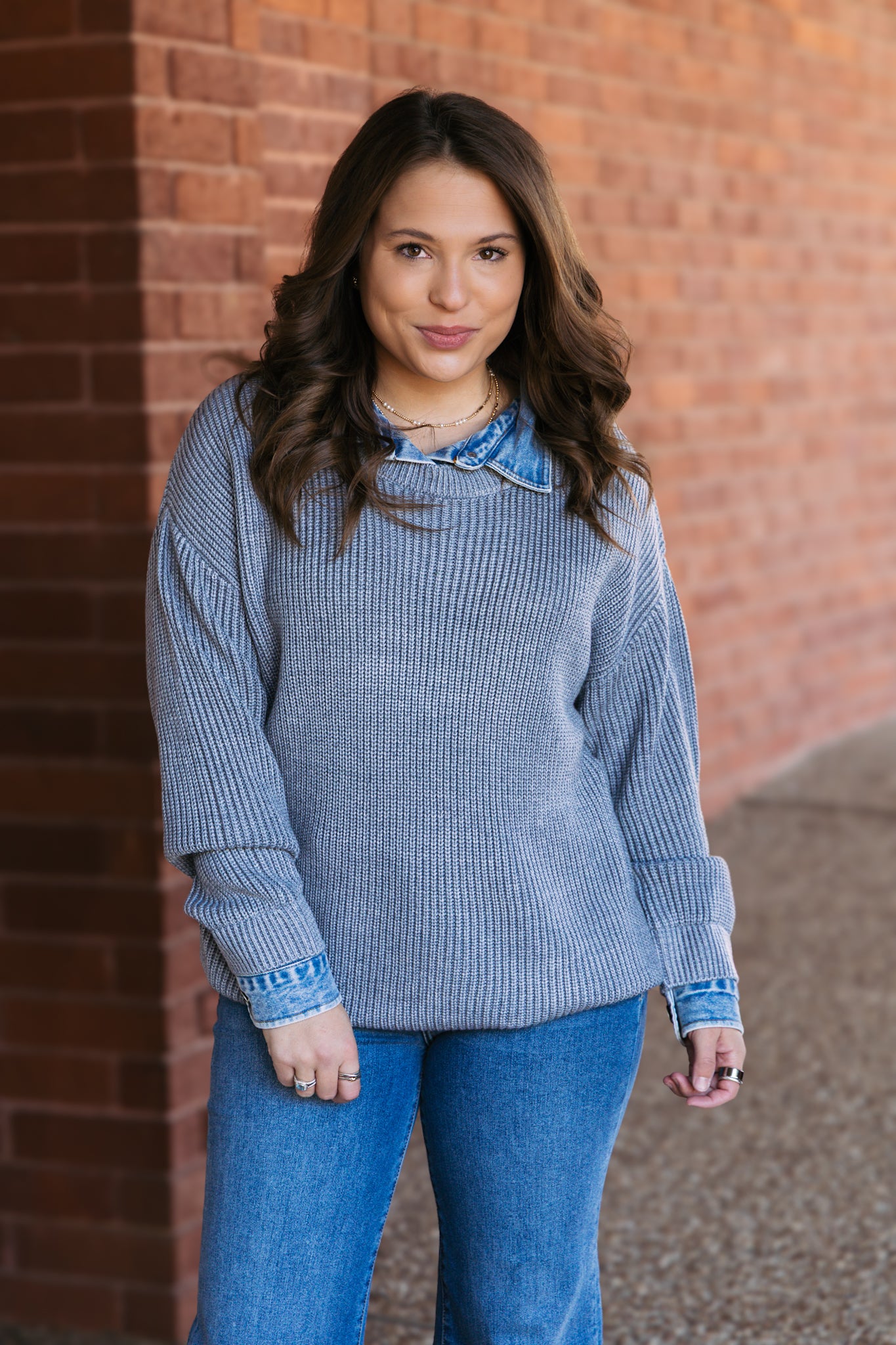 Washed Heather Grey Sweater W/ Denim Collar Cuff