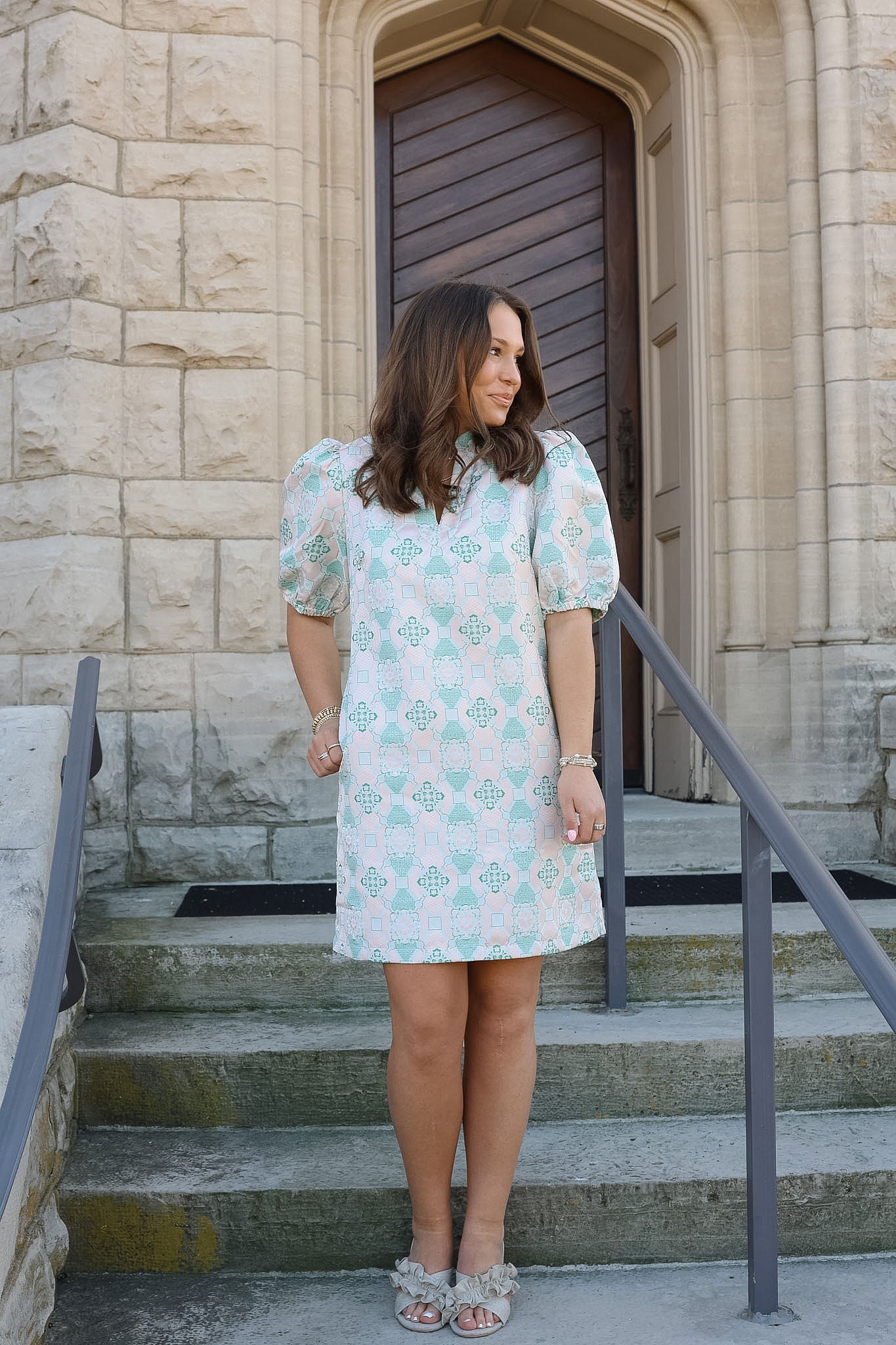 Antique Jacquard Collar V-Neck Dress