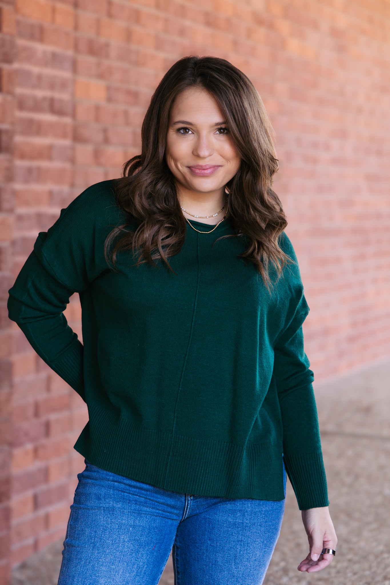 Round Roll Neck Drop Shoulder Sweater - Dark Green