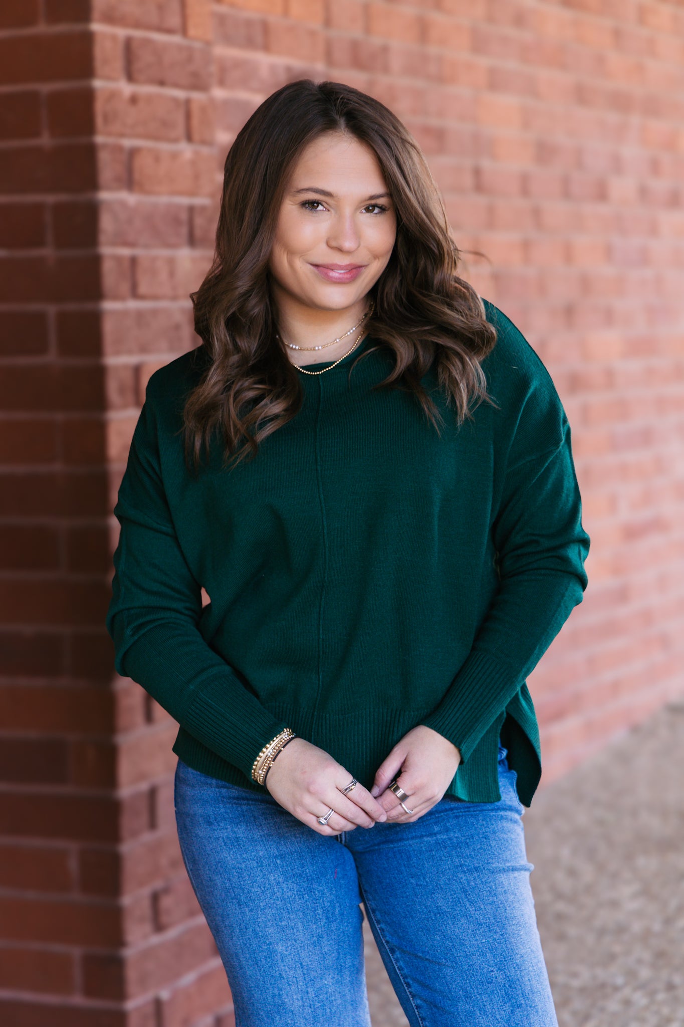 Round Roll Neck Drop Shoulder Sweater - Dark Green