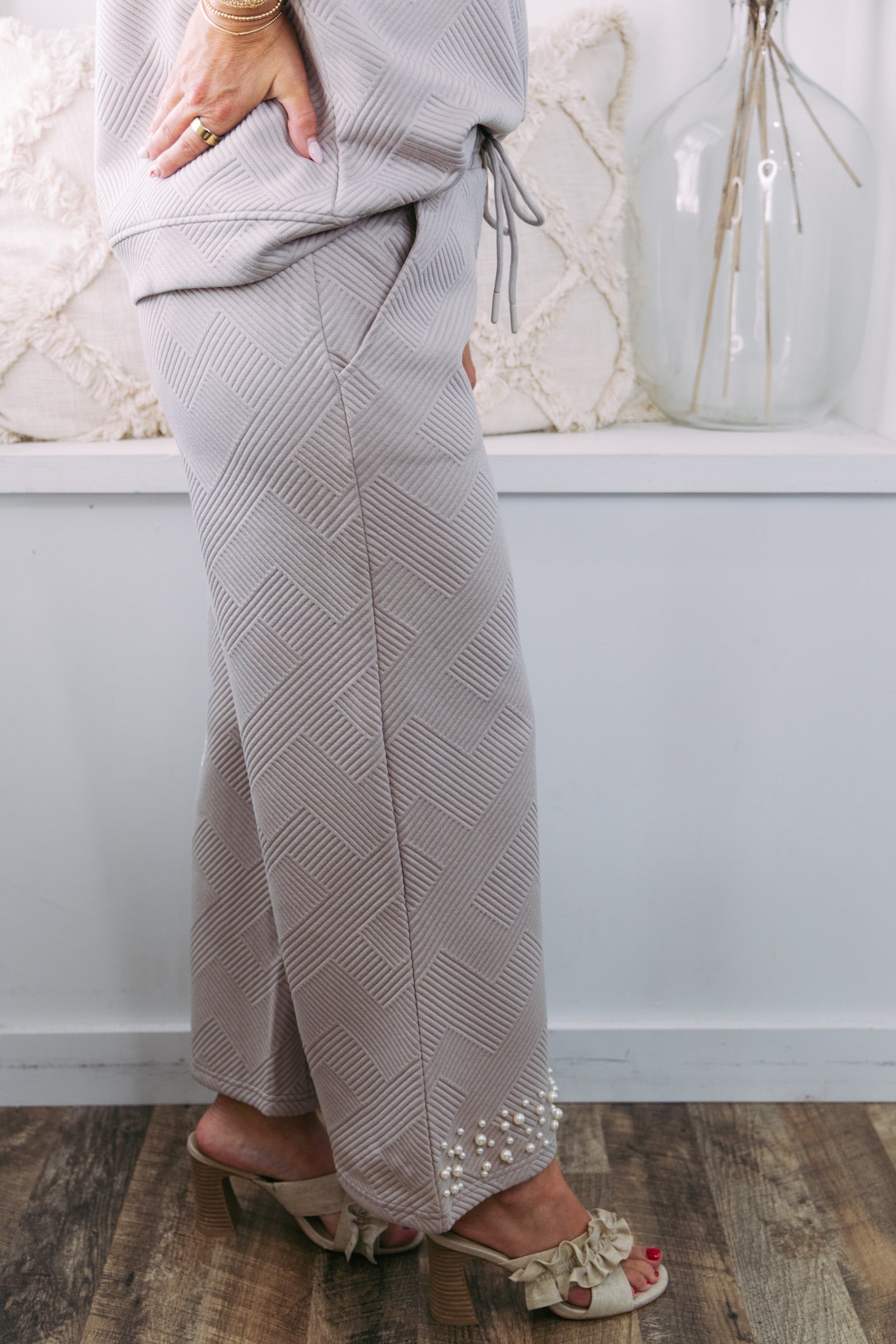 Claire Stitch Pearl Crop Wide Leg Pants - Oatmeal