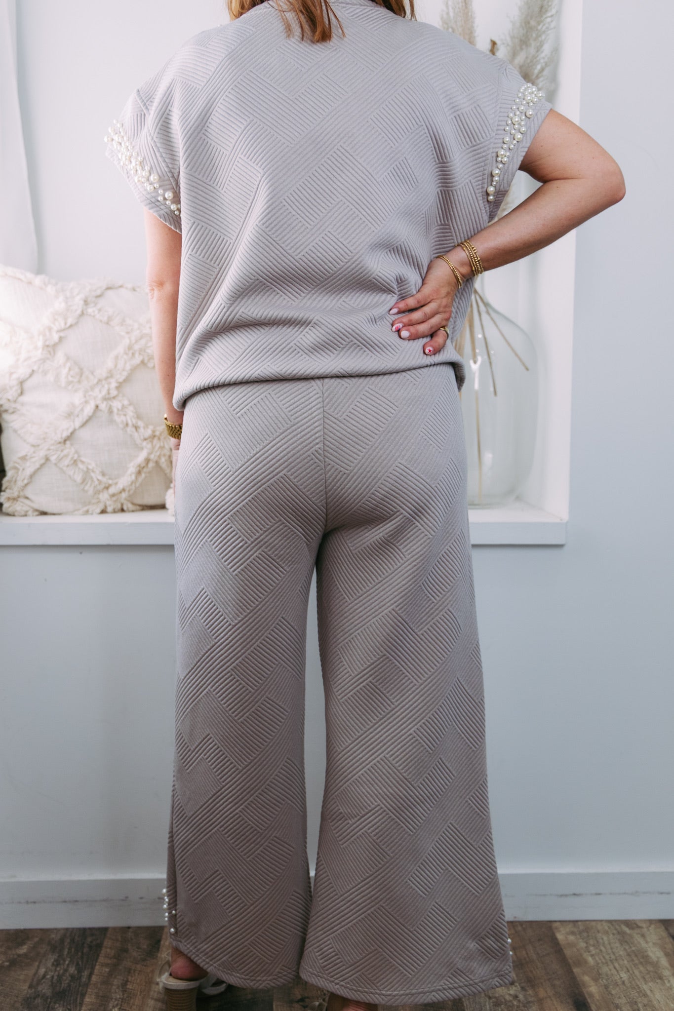 Claire Stitch Pearl Crop Wide Leg Pants - Oatmeal