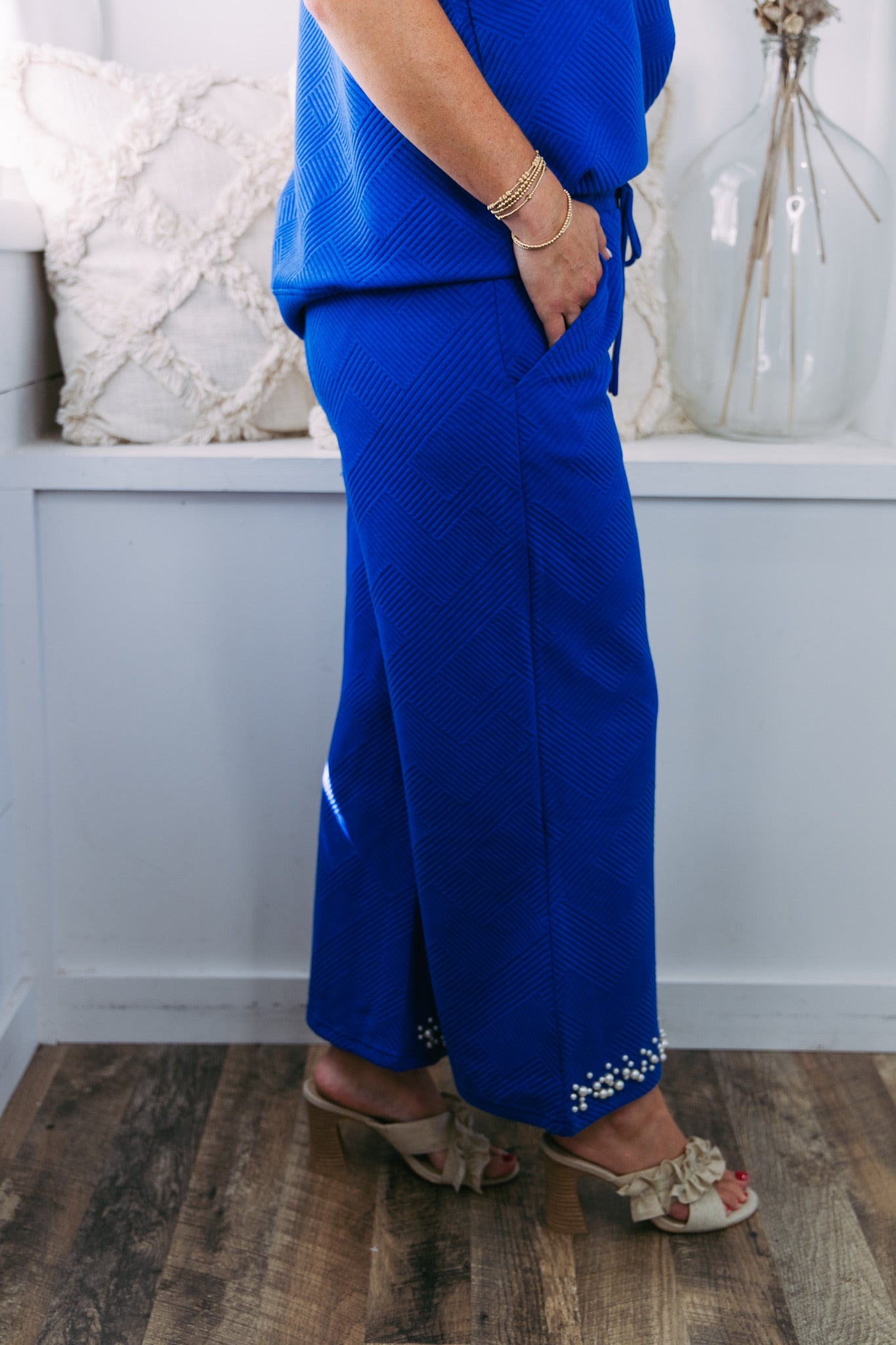 Claire Stitch Pearl Crop Wide Leg Pant - Royal Blue