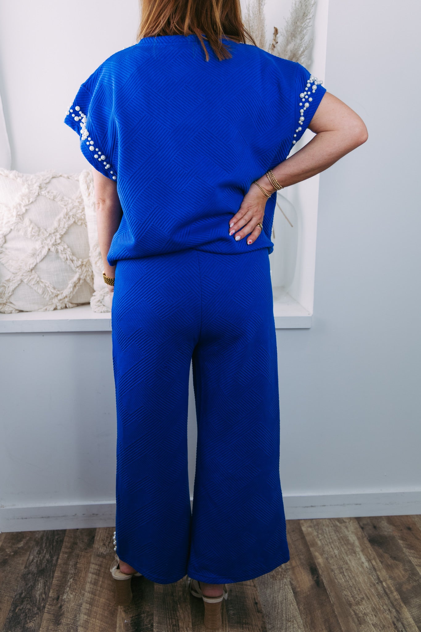 Claire Stitch Pearl Crop Wide Leg Pant - Royal Blue