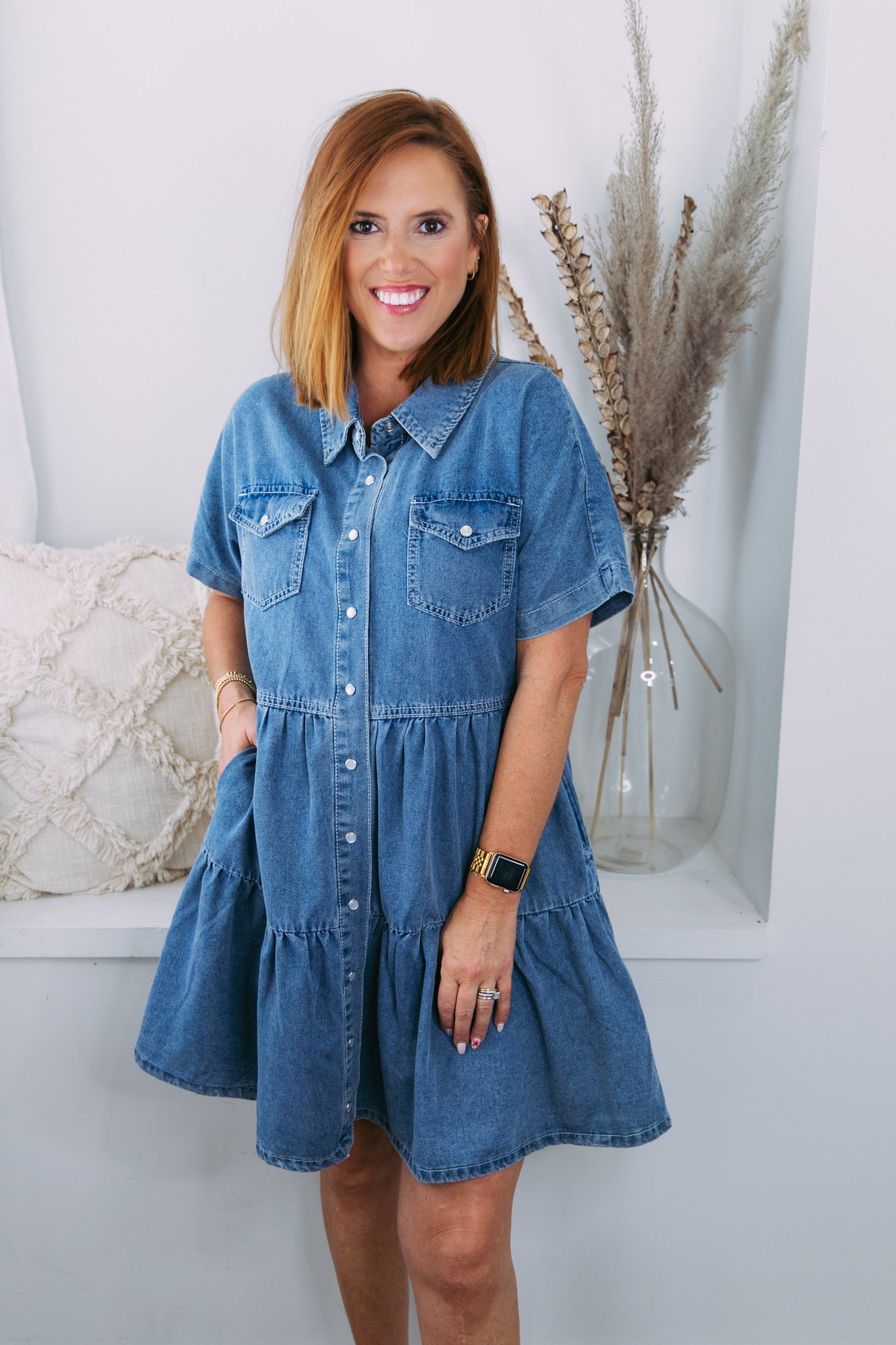 Denim Tiered Button Up Dress