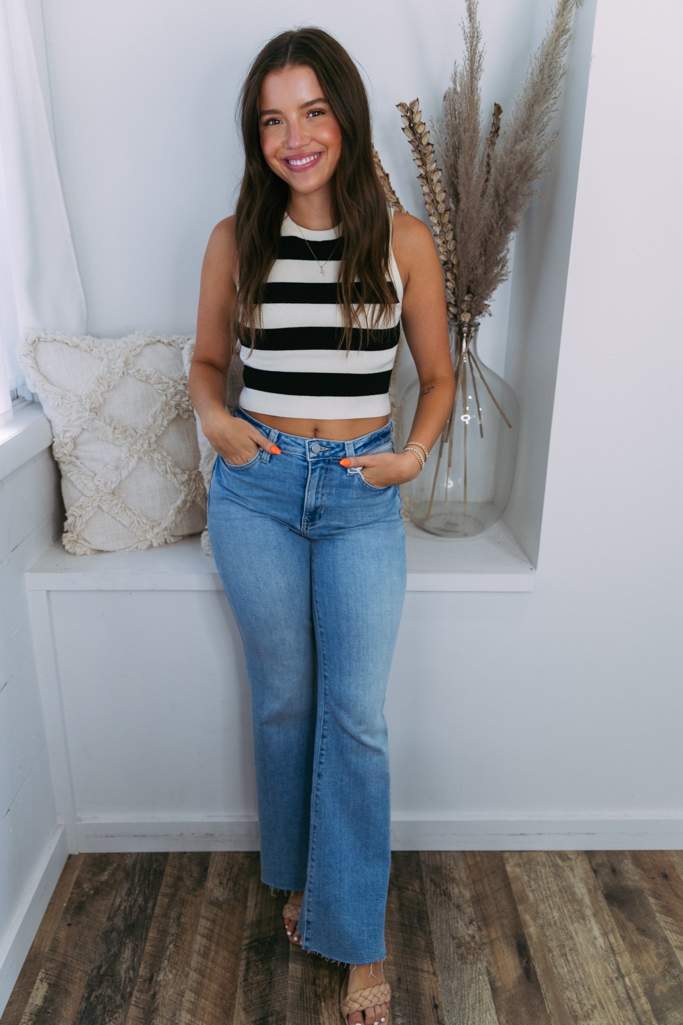 Cory Cropped Knit Tank- Black/Cream Stripes