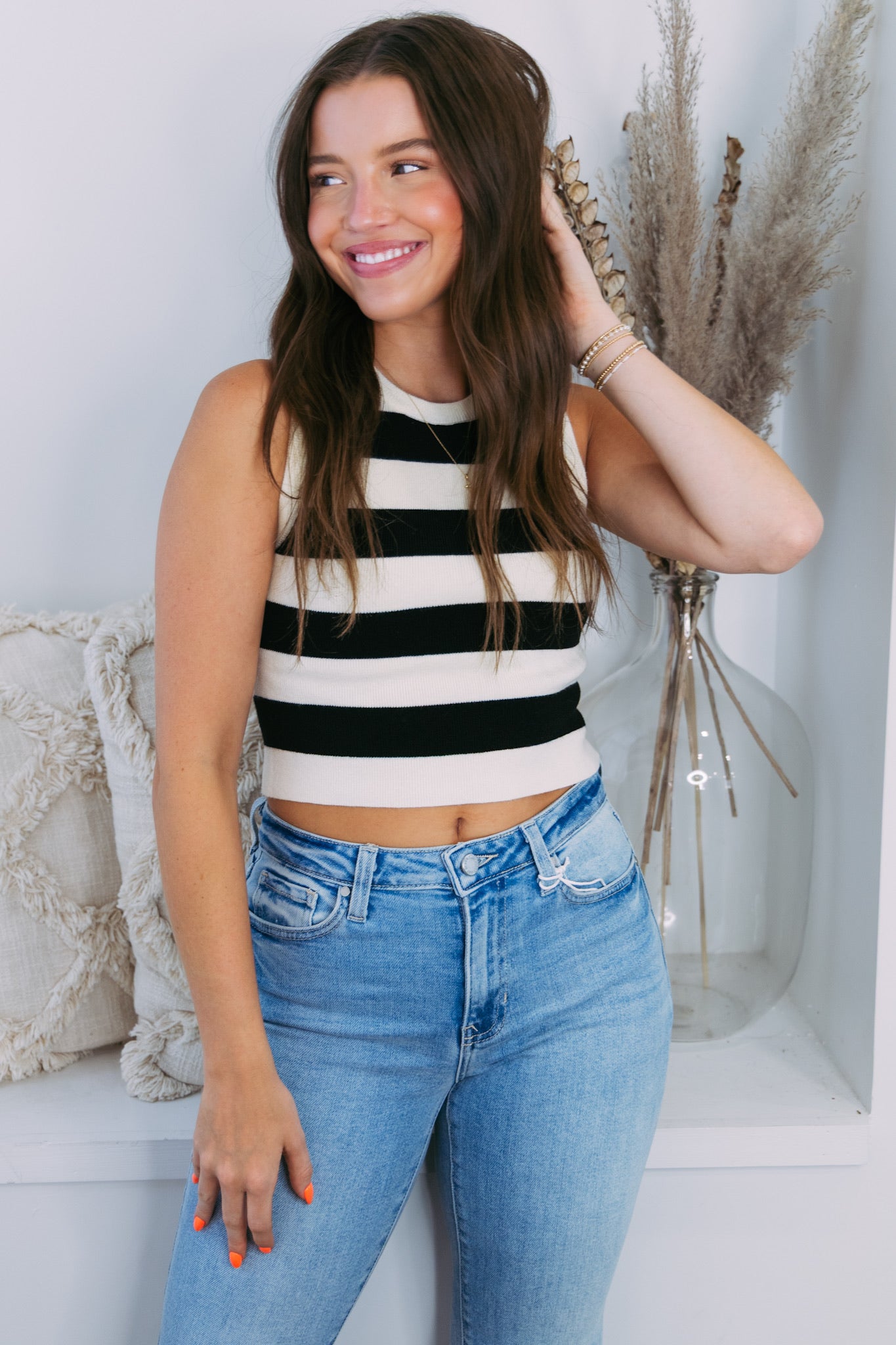 Cory Cropped Knit Tank- Black/Cream Stripes
