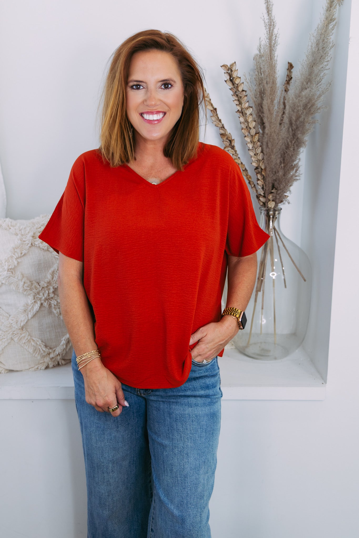 Classic V-Neck Blouse - Rust