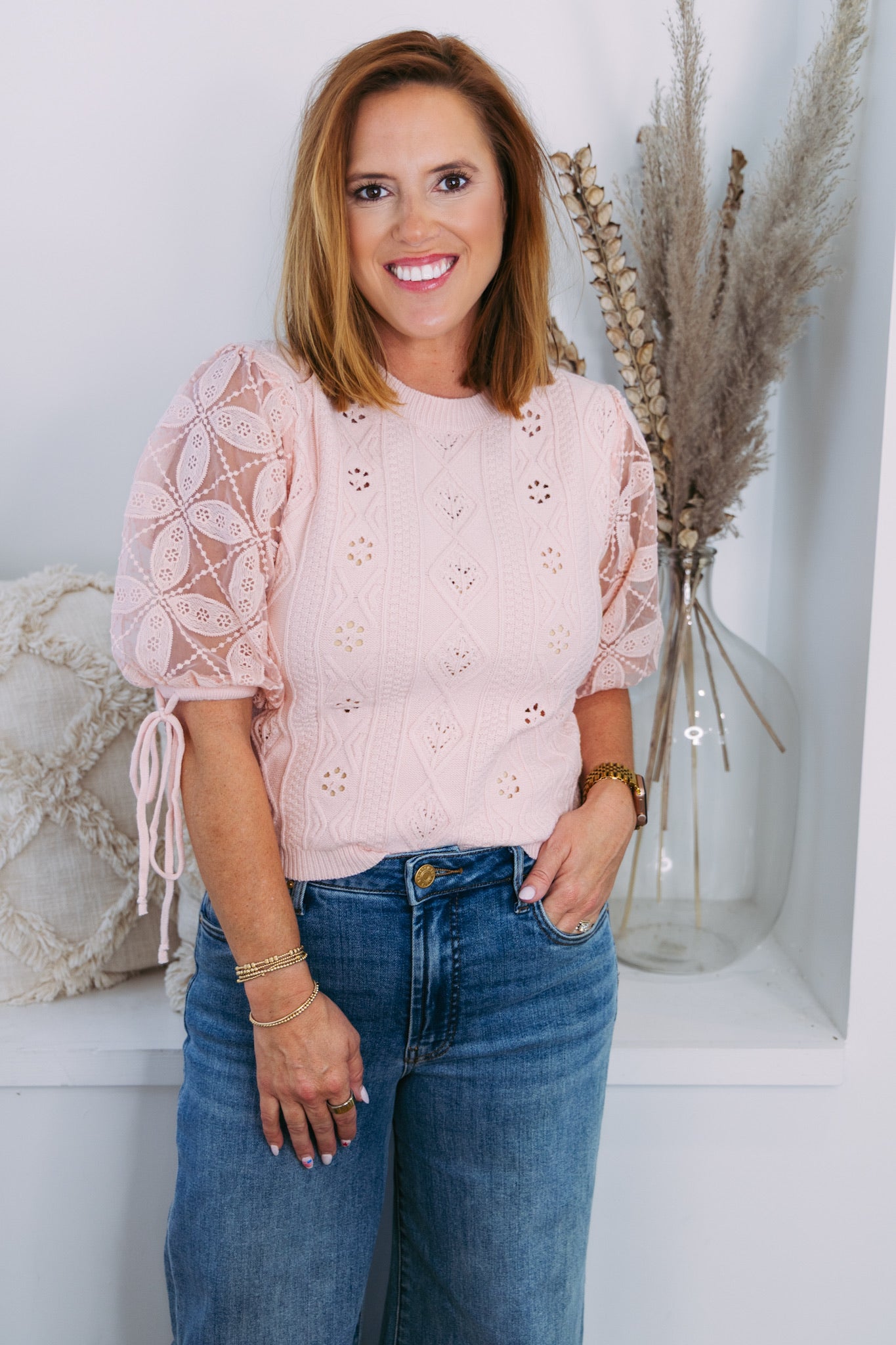 Crochet Cable Knit Sweater - Light Pink