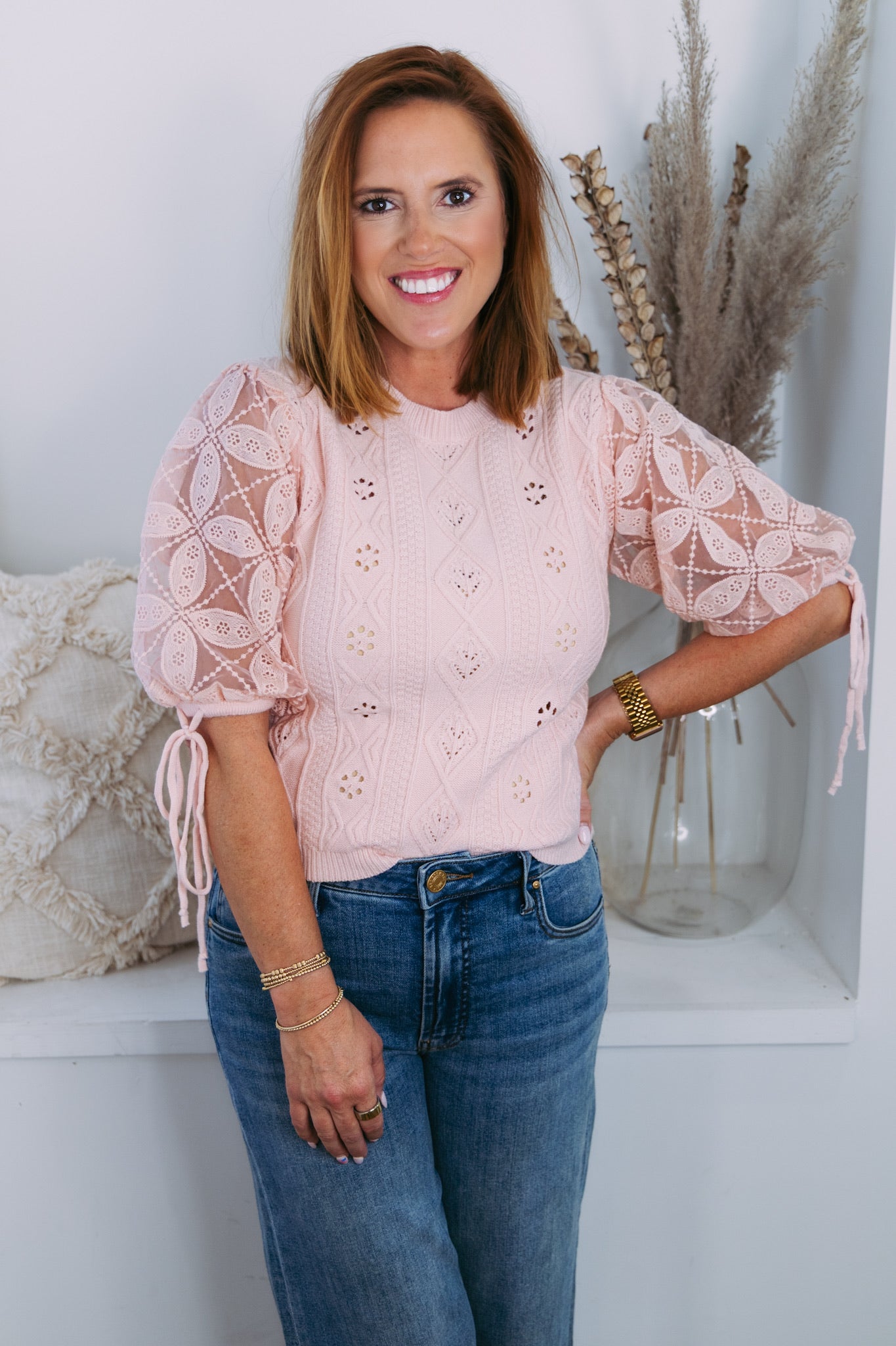 Crochet Cable Knit Sweater - Light Pink