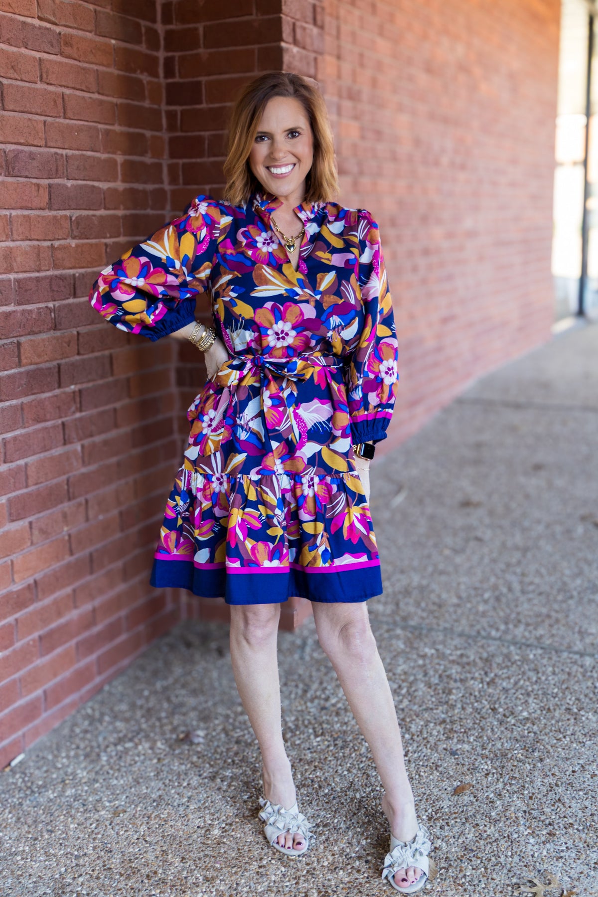 Blossoms Split Neck Flounce Dress