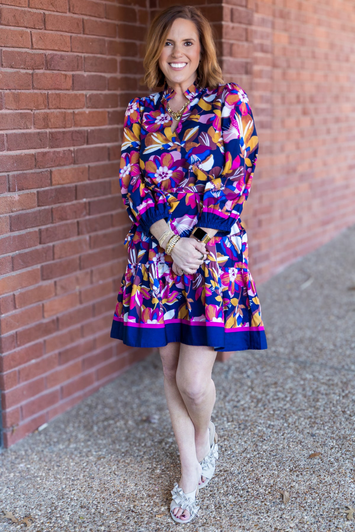 Blossoms Split Neck Flounce Dress