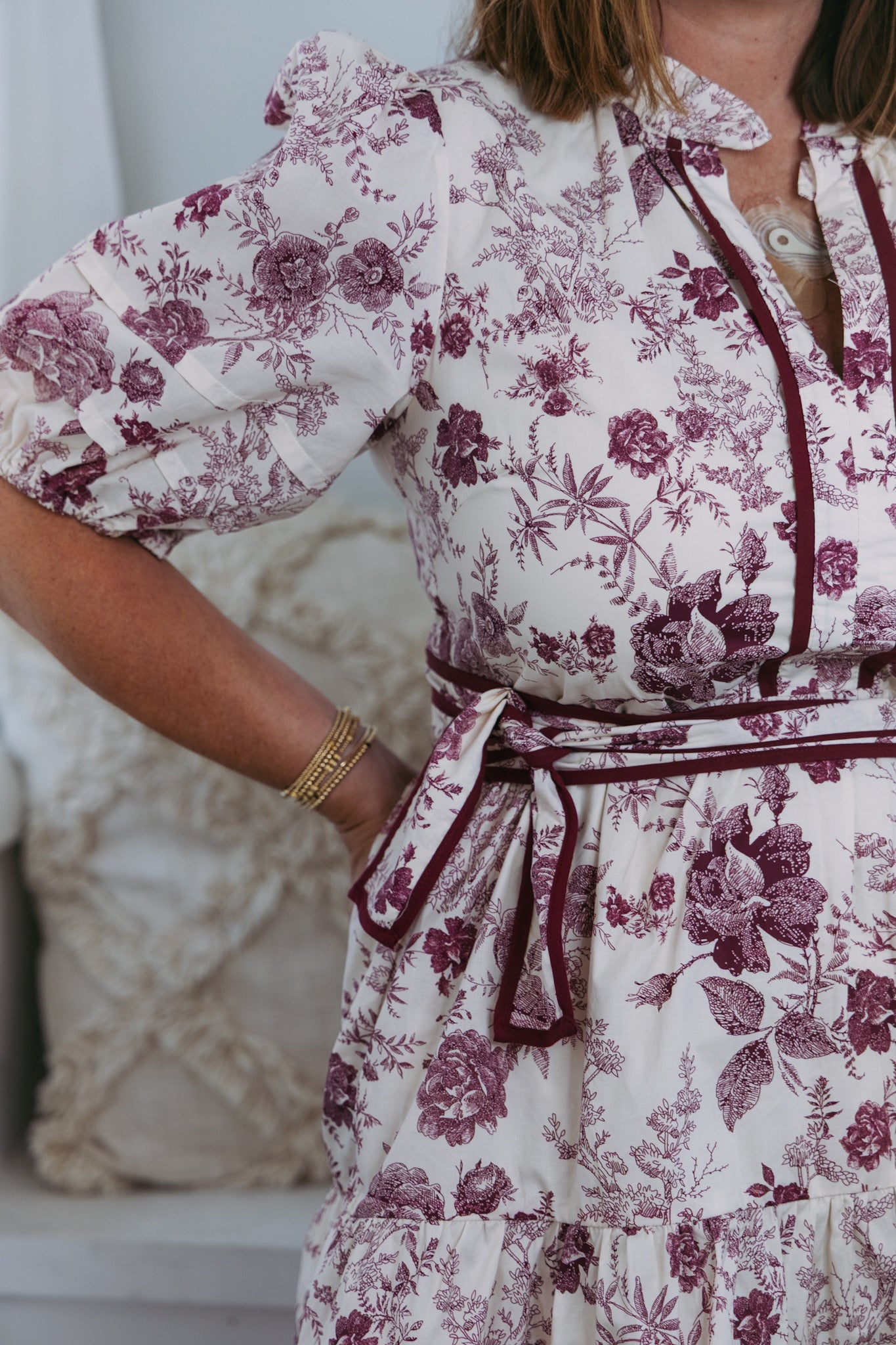 Puff Sleeve Tiered Dress - Maroon Rose