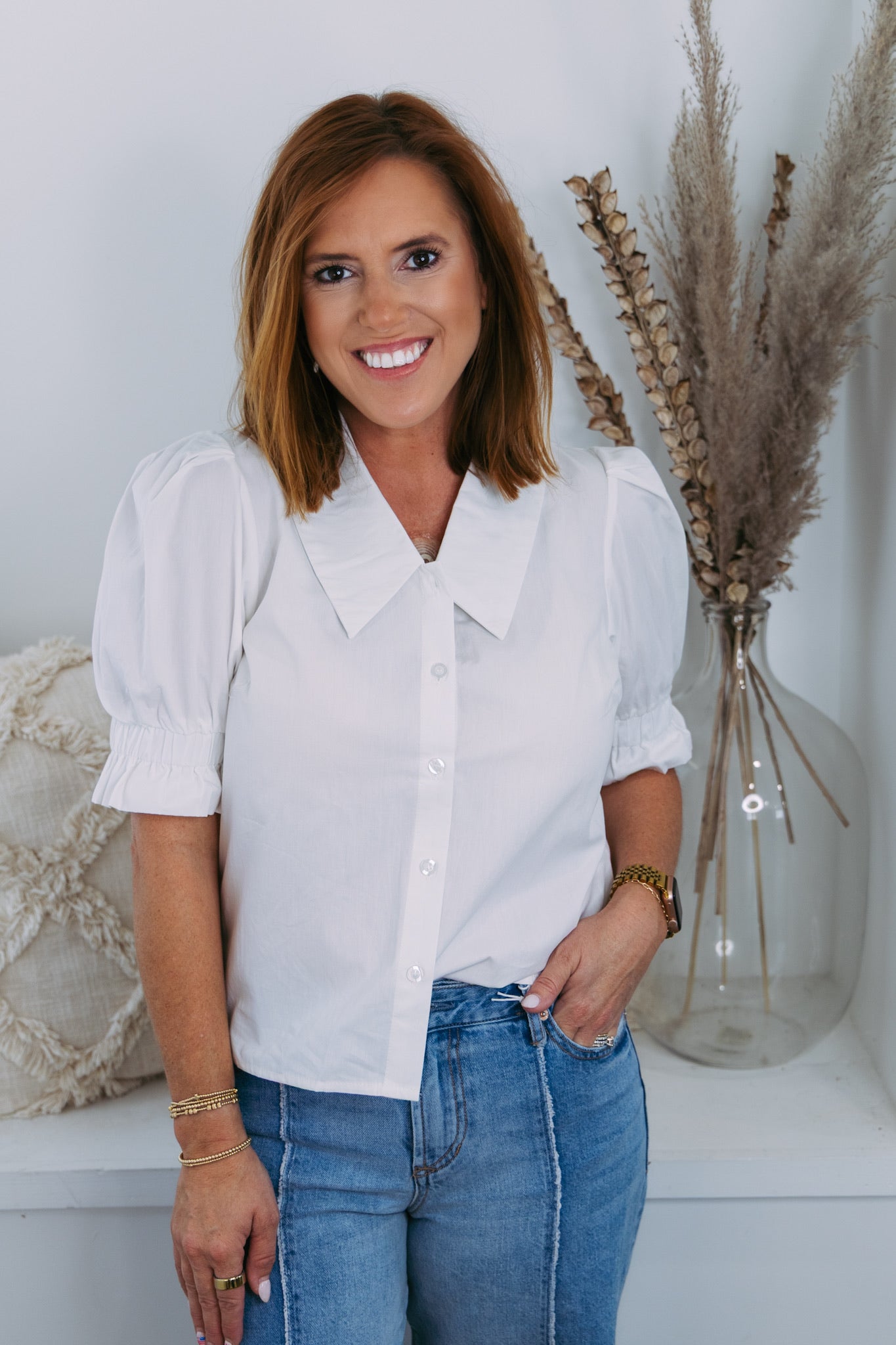 Poplin Button Front Top - White
