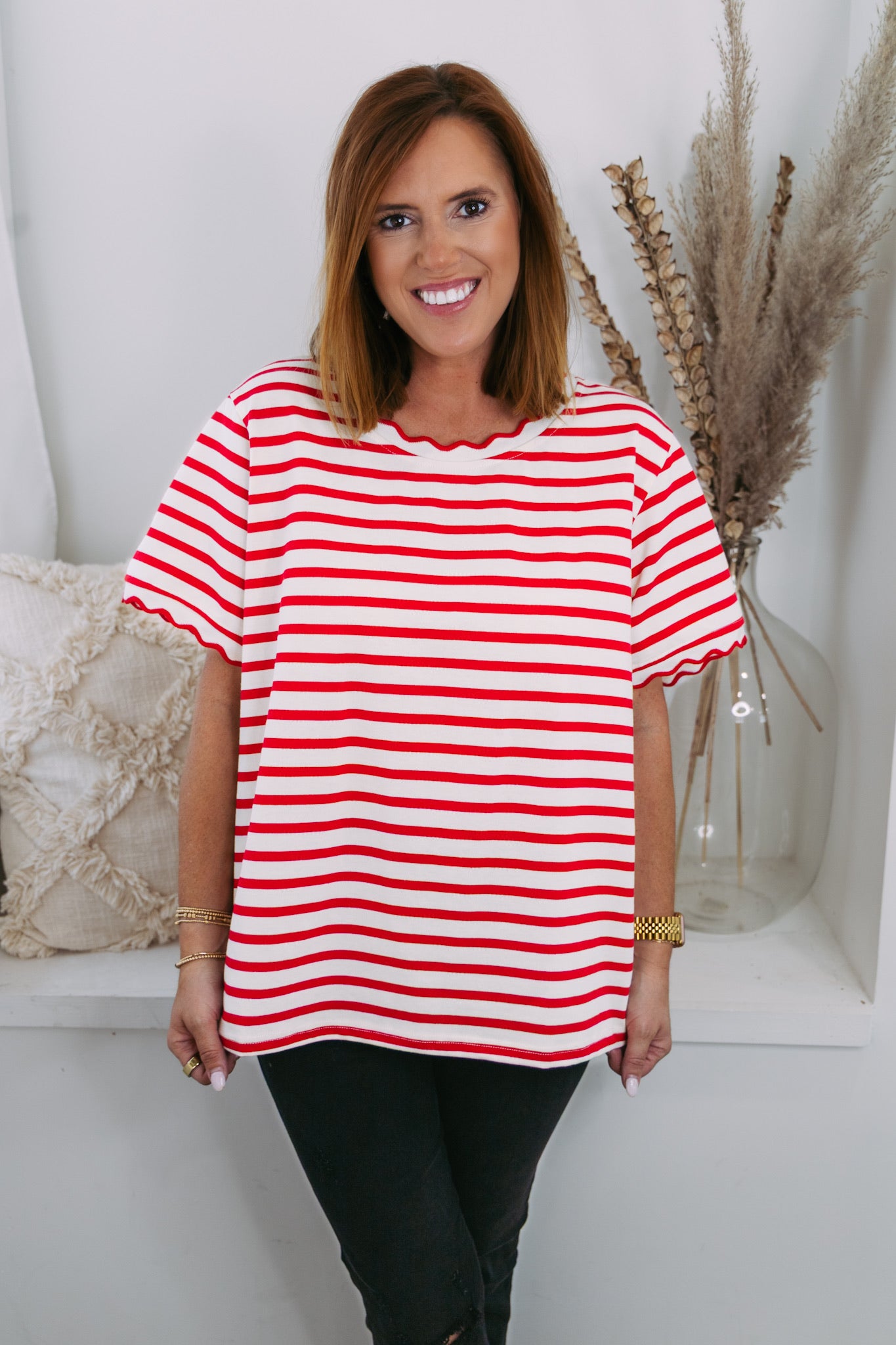 Curvy Scalloped Stripe Top - Red
