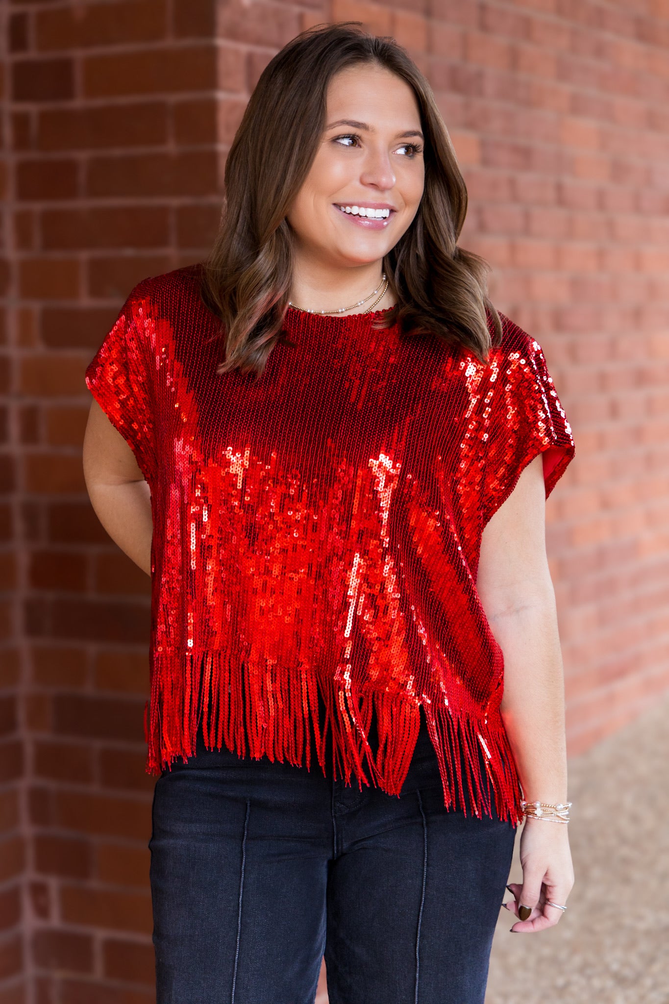 Sequined Fringe Top - Red