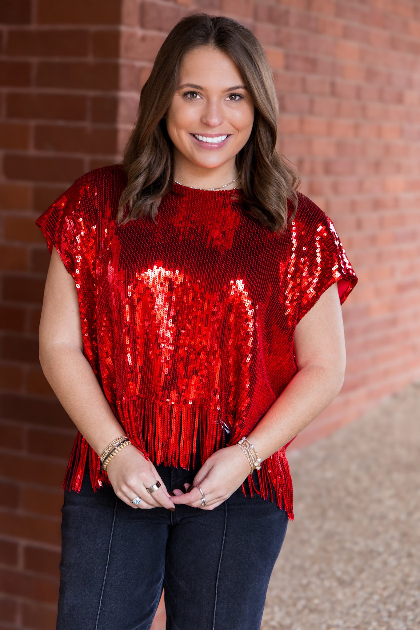 Sequined Fringe Top - Red