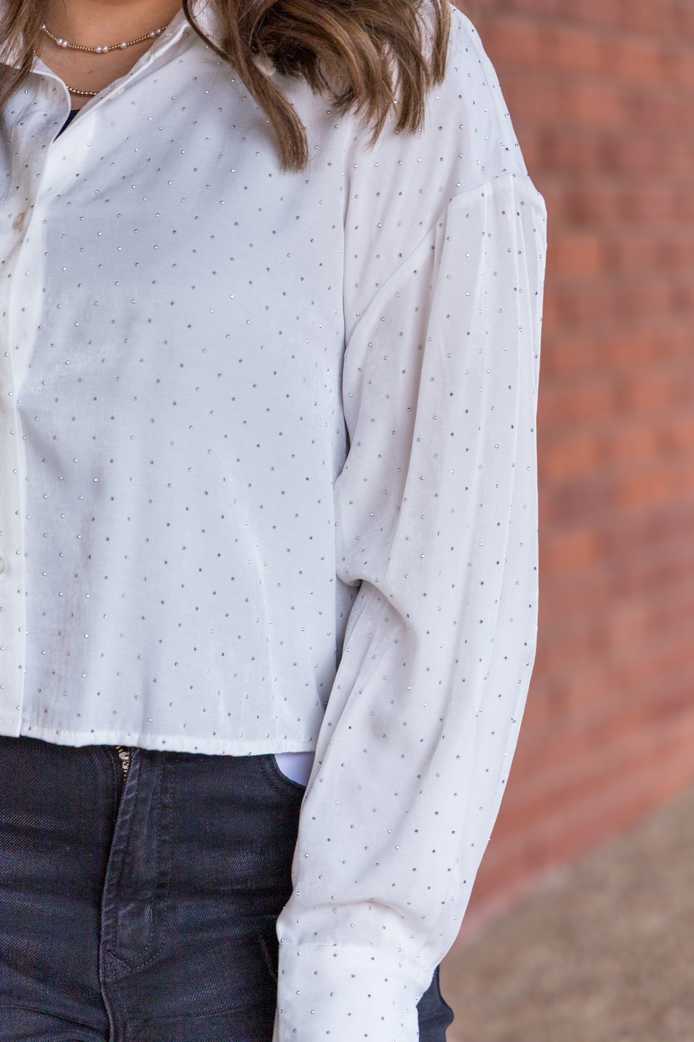 Sparkle Crop Button Front Top - White