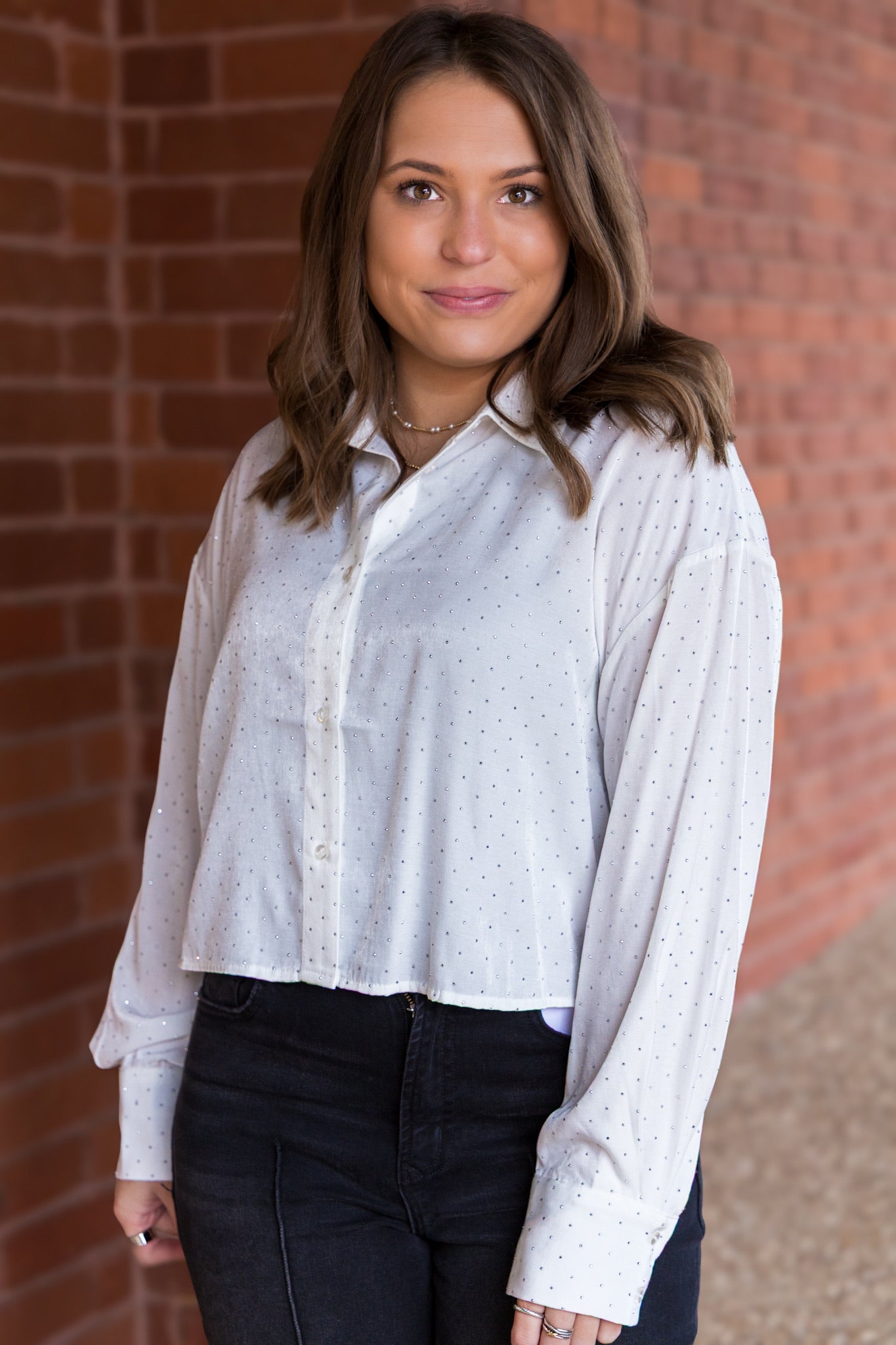 Sparkle Crop Button Front Top - White
