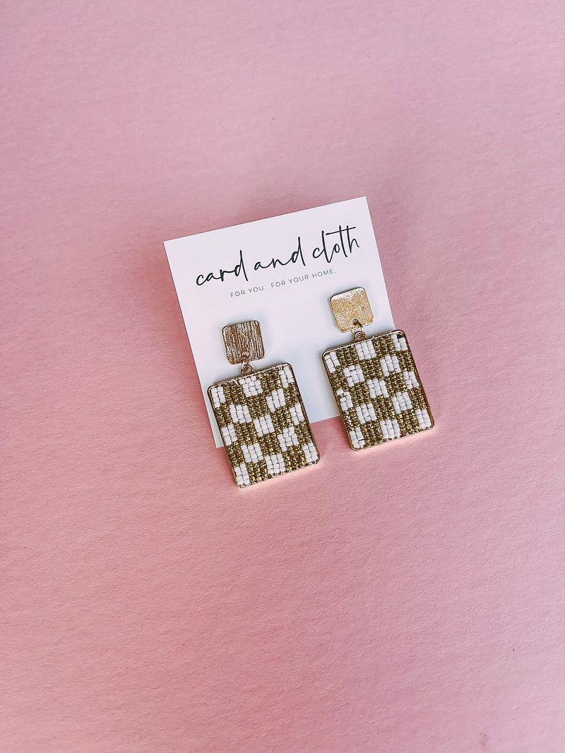 White and Gold Beaded Checkered Earring