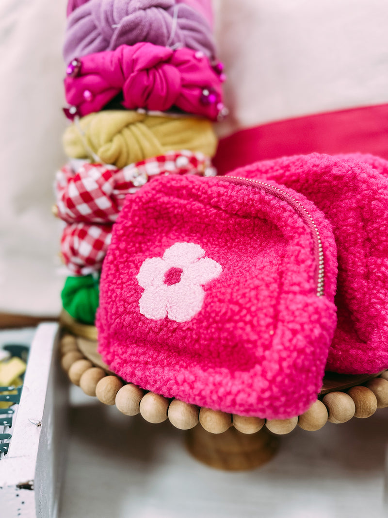 Pink Sherpa Zippered Teddy Pouch- Floral
