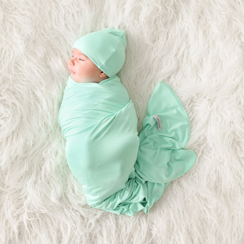 Infant Swaddle + Beanie Set- Solid Sea Glass