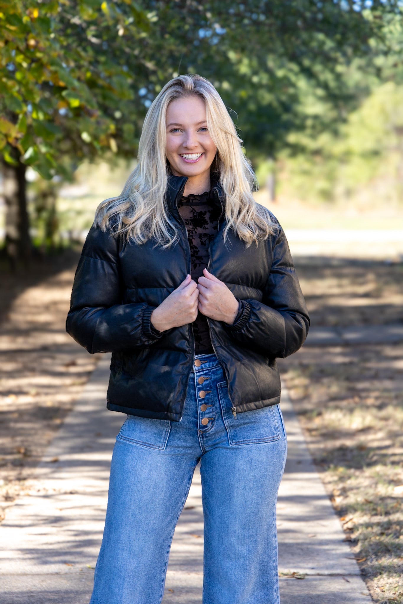 Pleather Puffer Coat - Black