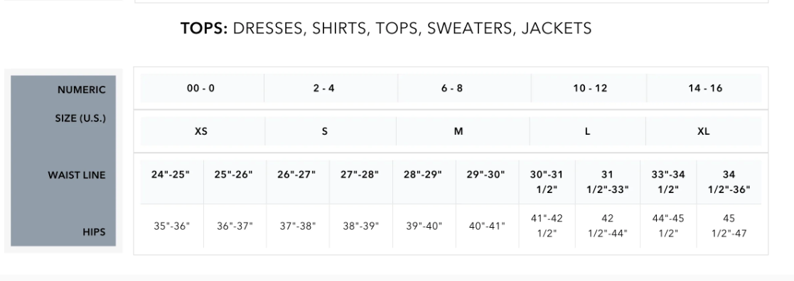 Size chart for tops, dresses, shirts, sweaters, and jackets with waist and hip measurements.