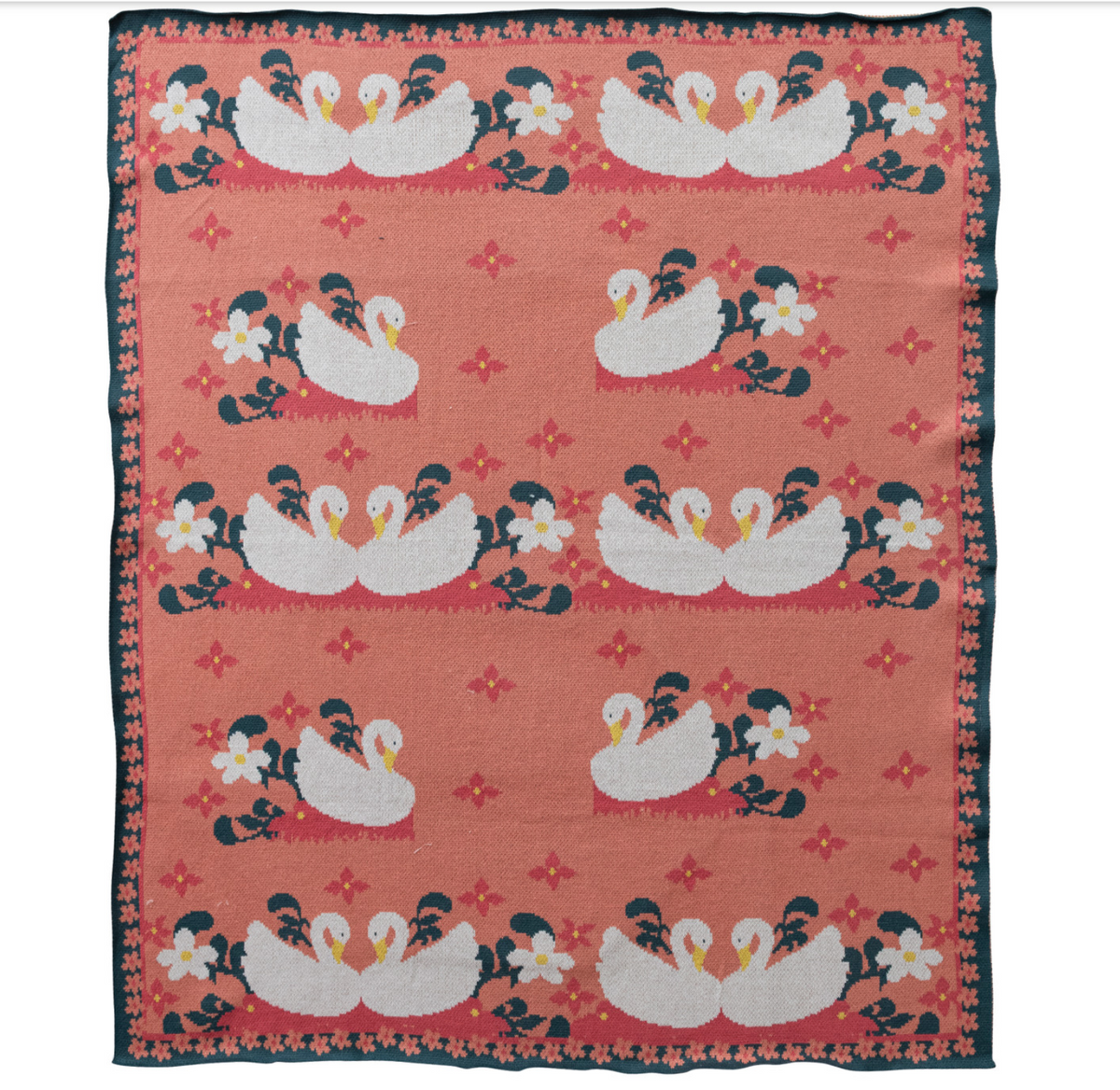 Cotton Knit Baby Blanket with Swans & Flowers