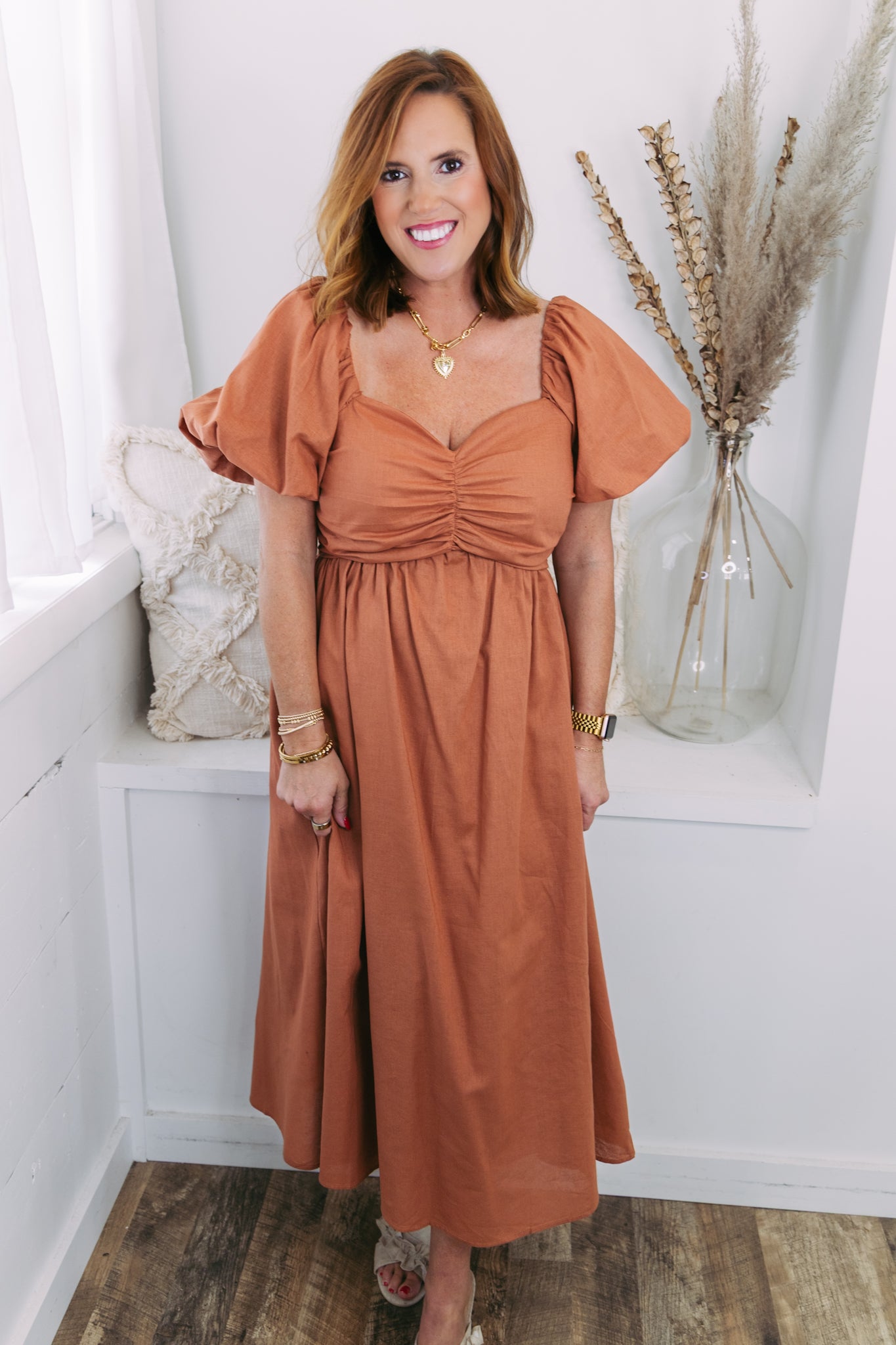 Sweetheart Midi Dress - Mocha Linen