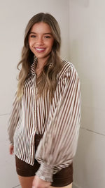 Sheer Bubble Sleeve Striped Blouse- Brown