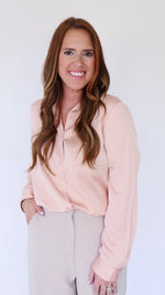 Classic Button Front Satin Blouse- Rose