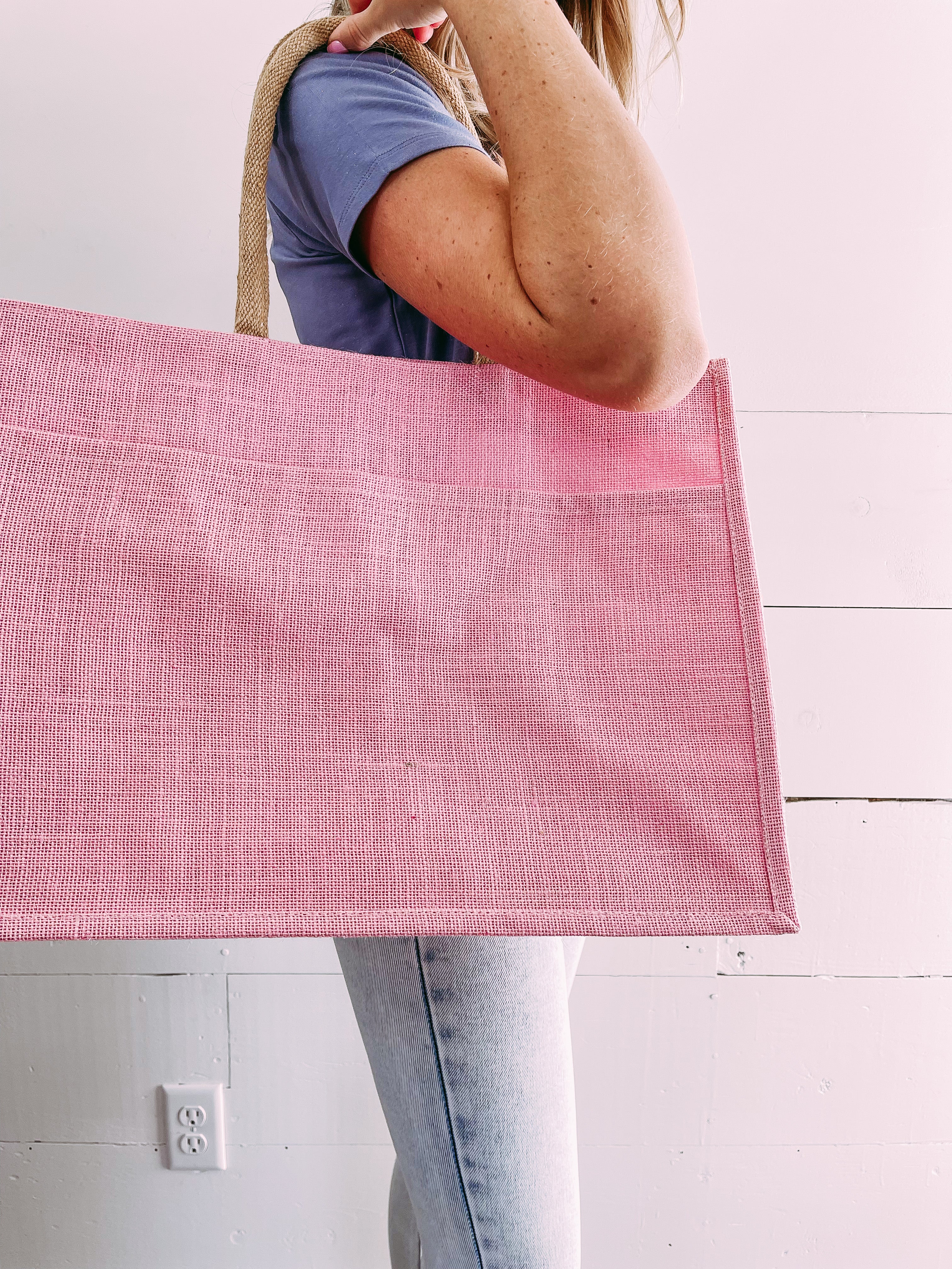 Jute Pocket Tote in Light Pink