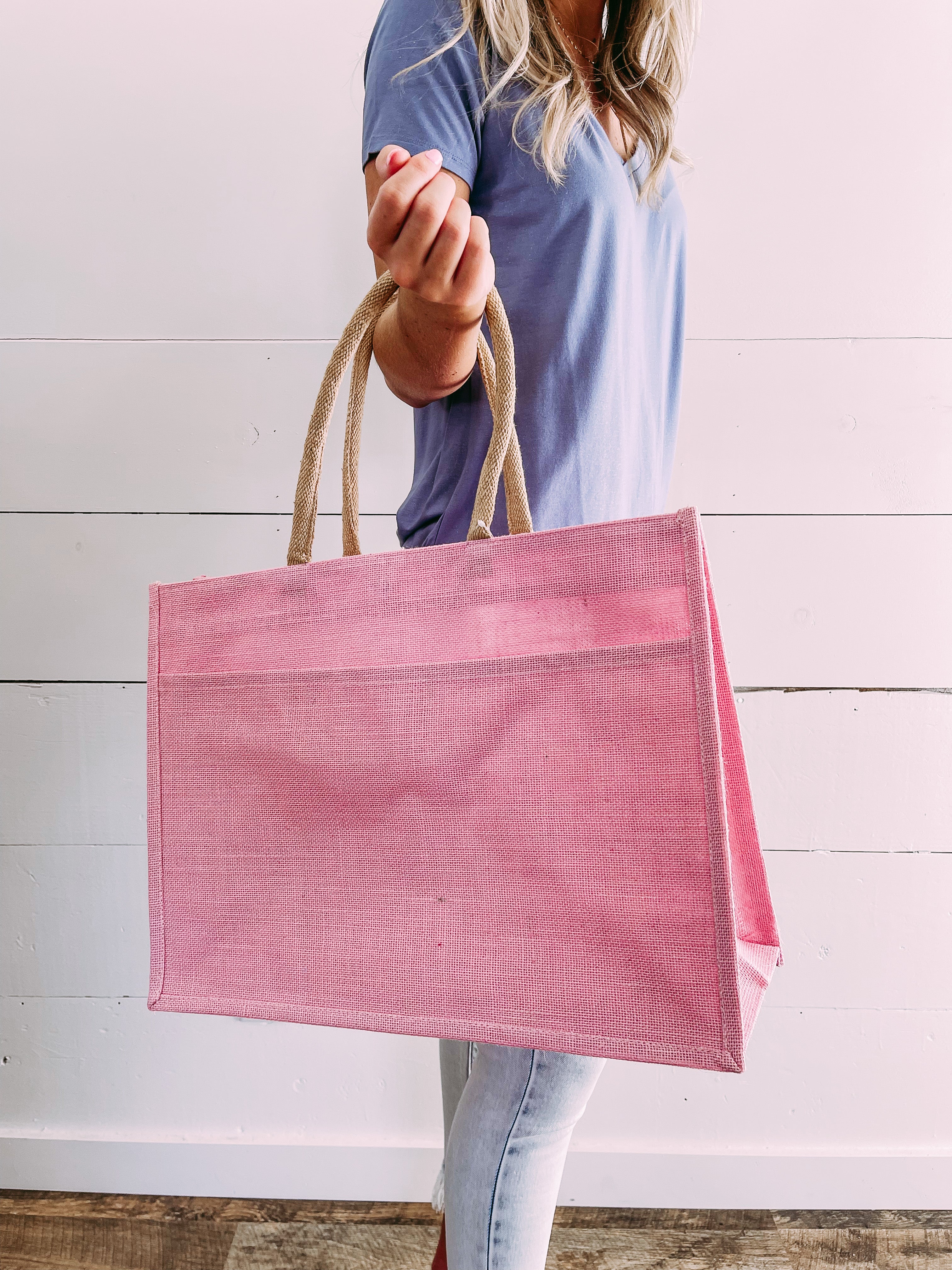 Jute Pocket Tote in Light Pink