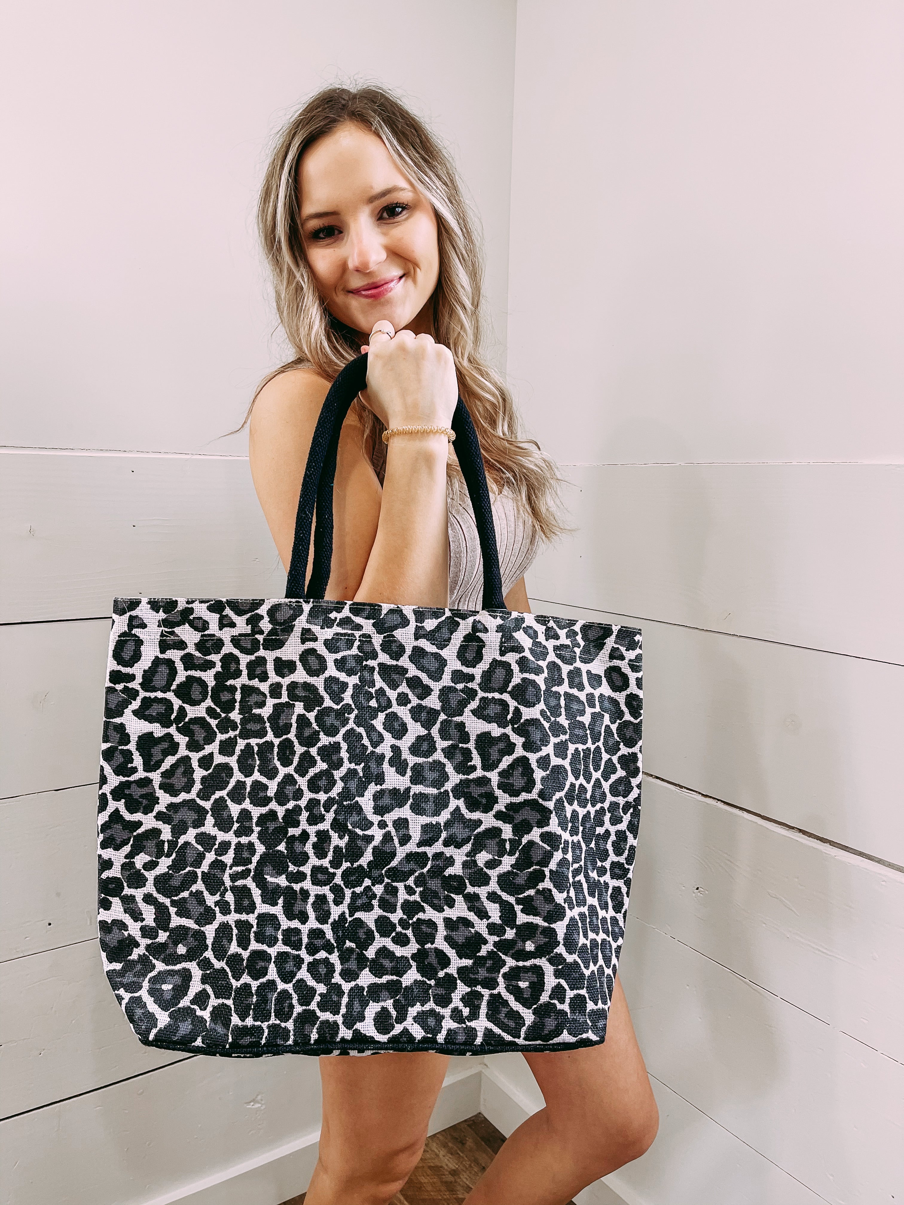 Mia Jute Tote Bag in Leopard- Black