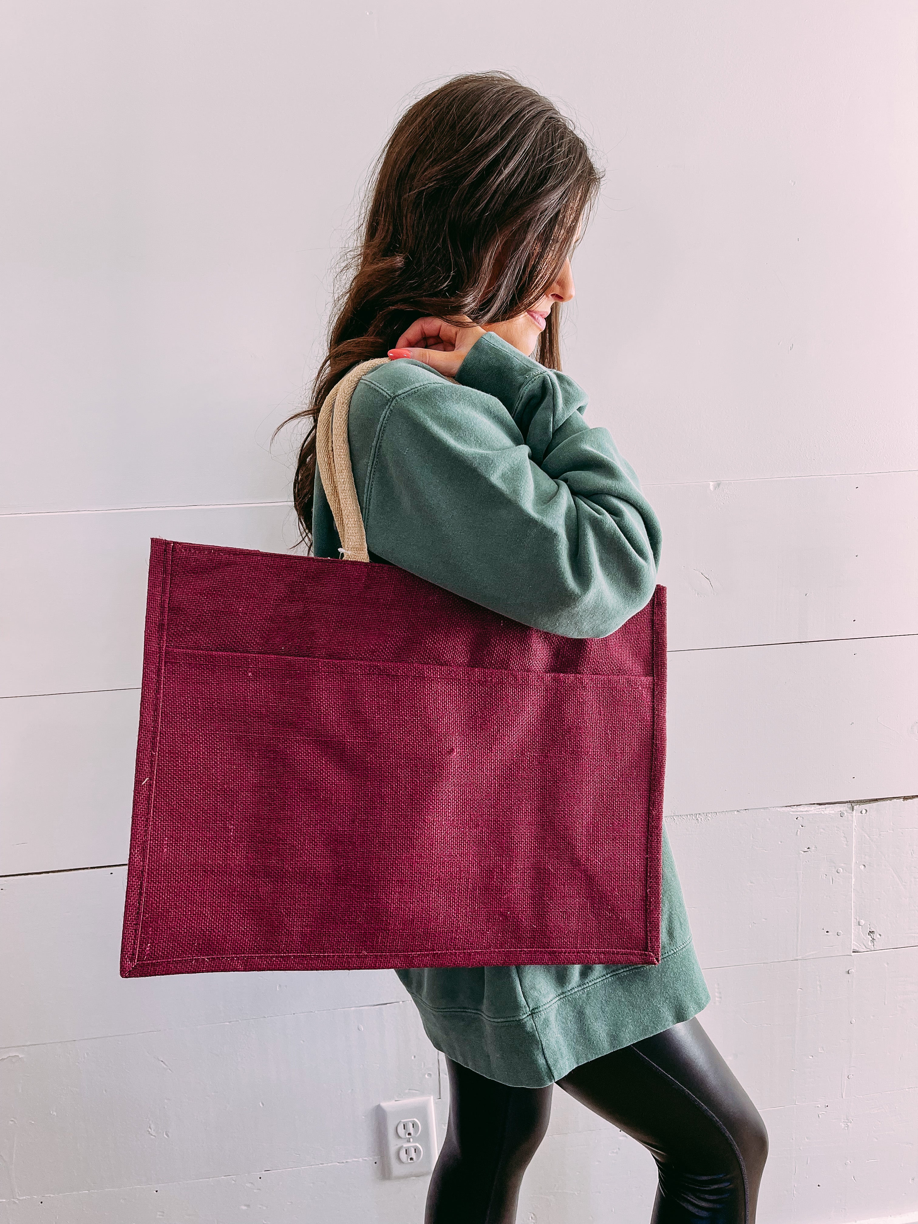 Jute Pocket Tote in Maroon